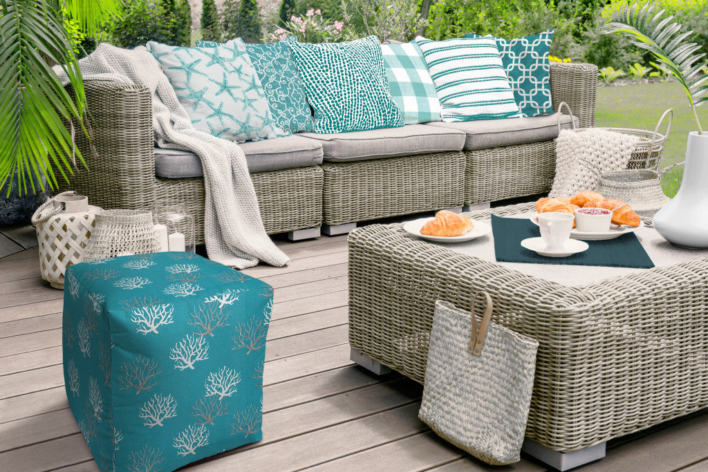 17" Turquoise White and Gray Polyester Cube Coral Outdoor Pouf Ottoman