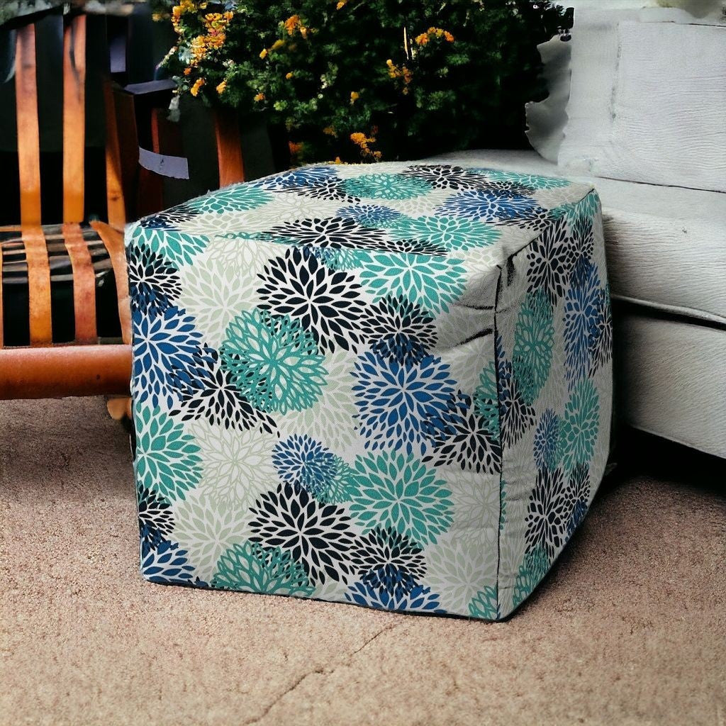 17" Yellow Gray and White Polyester Cube Floral Outdoor Pouf Ottoman