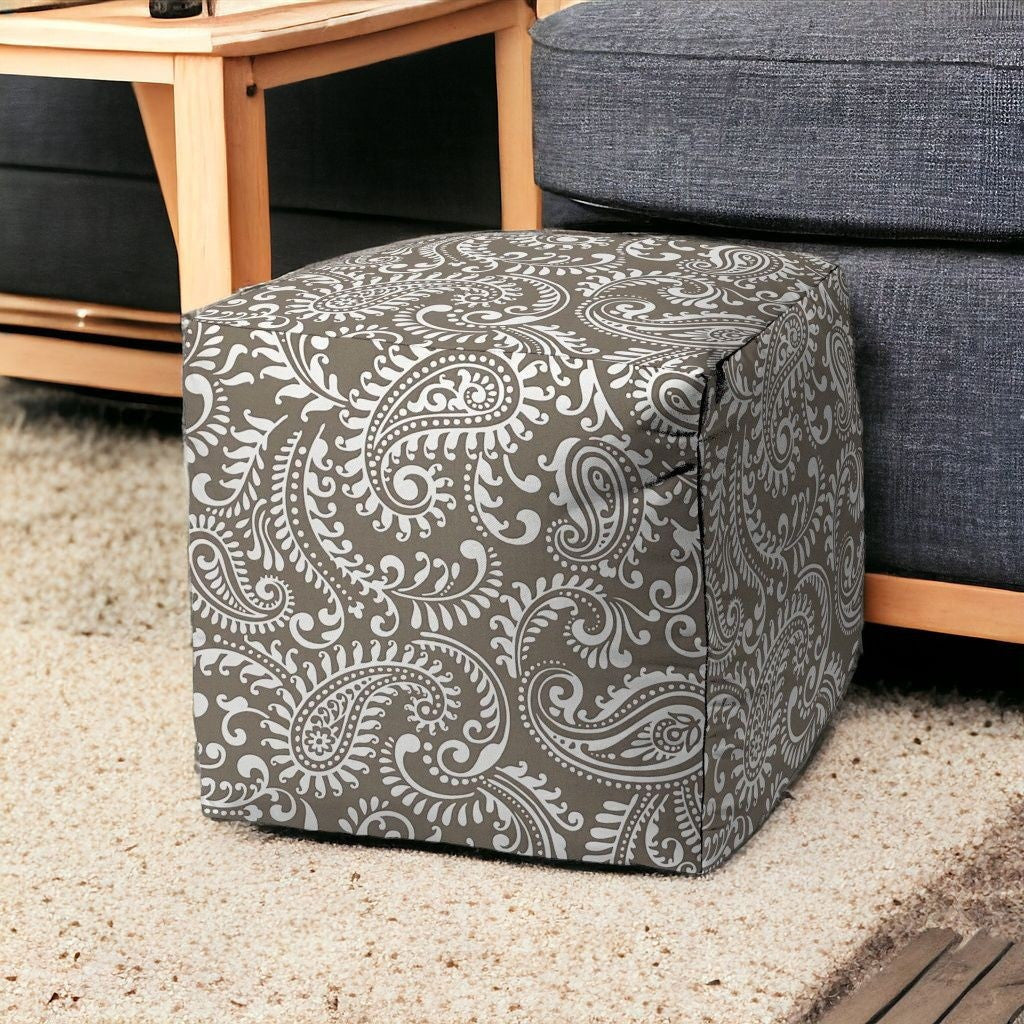 17" Taupe Polyester Cube Paisley Indoor Outdoor Pouf Ottoman