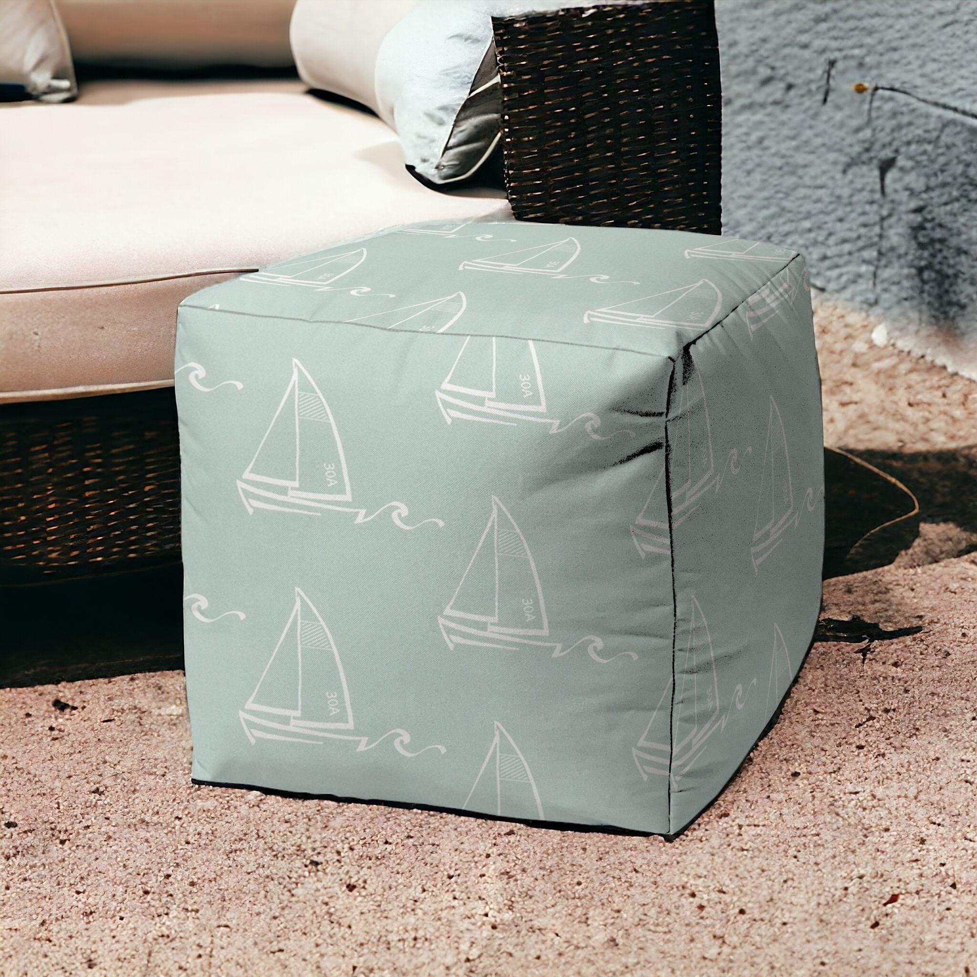 17" Green Polyester Cube Indoor Outdoor Pouf Ottoman