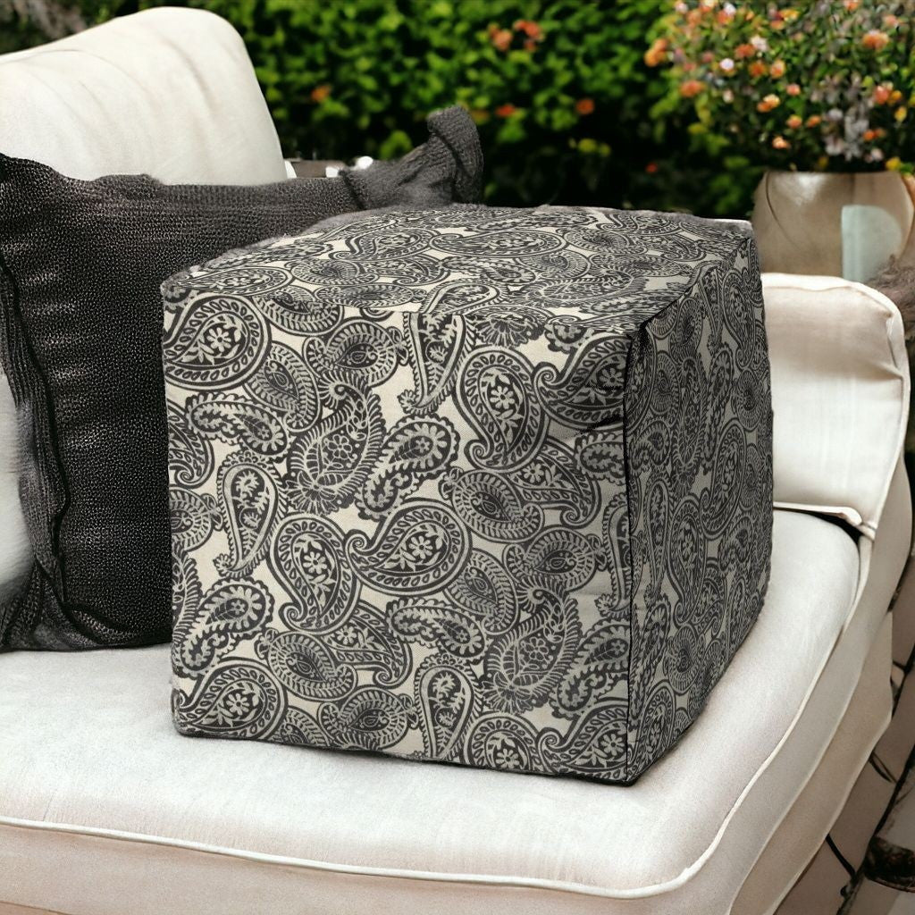 17" Gray Polyester Cube Paisley Indoor Outdoor Pouf Ottoman