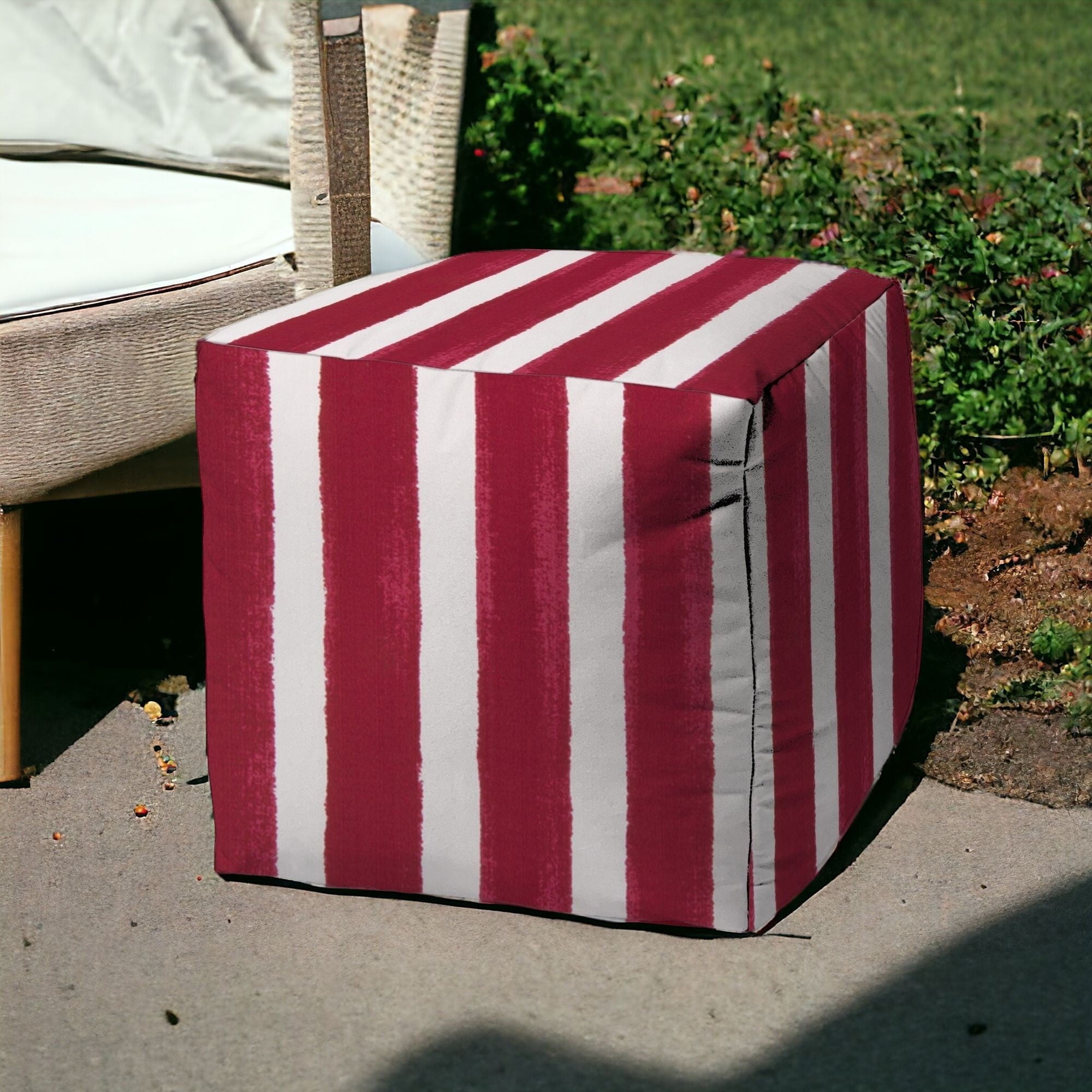 17" Red And White Polyester Cube Striped Indoor Outdoor Pouf Ottoman