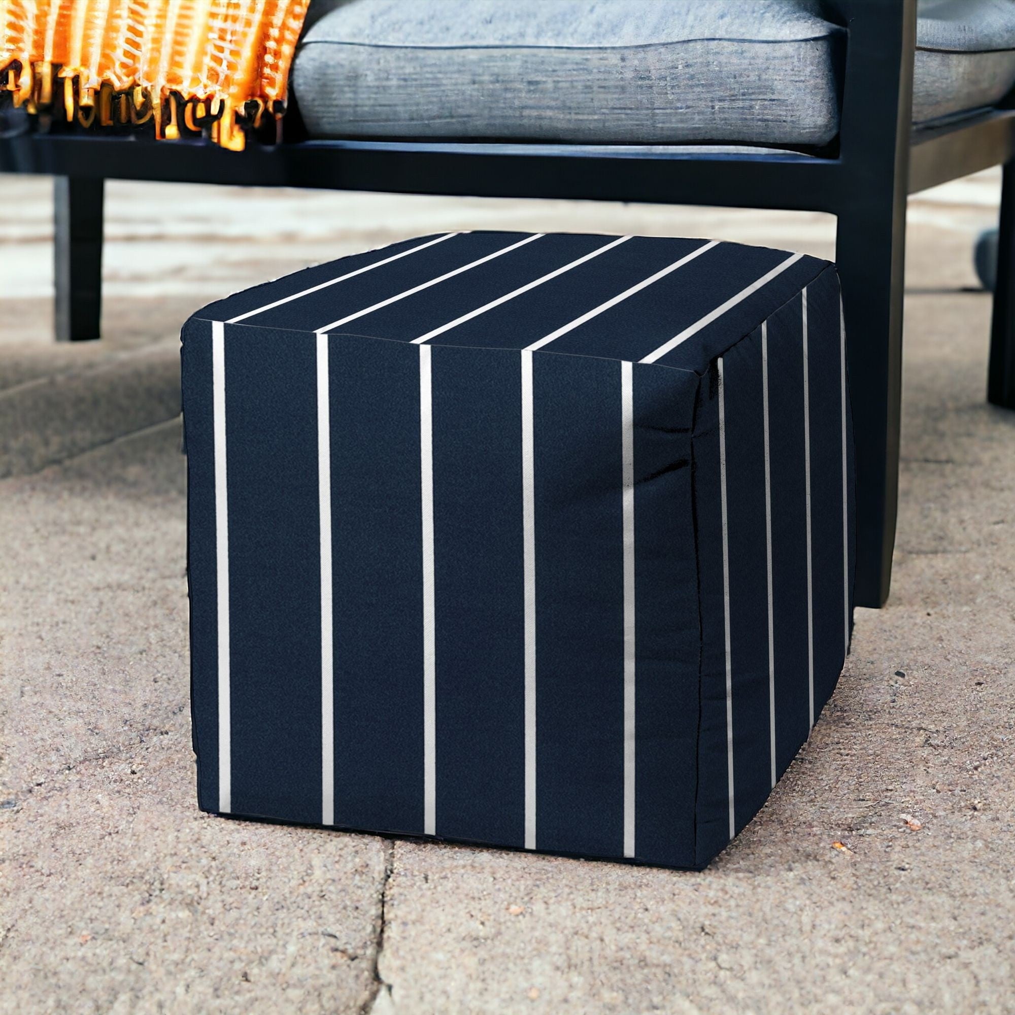 17" Blue Polyester Cube Striped Indoor Outdoor Pouf Ottoman