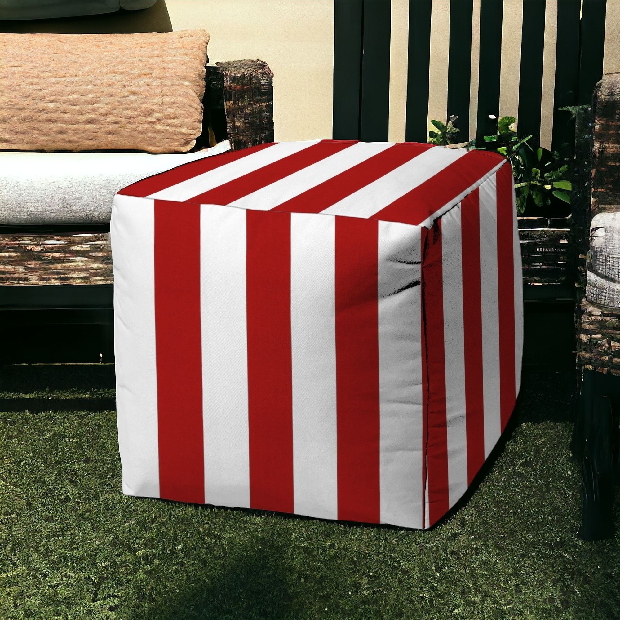 17" Red Polyester Cube Striped Indoor Outdoor Pouf Ottoman