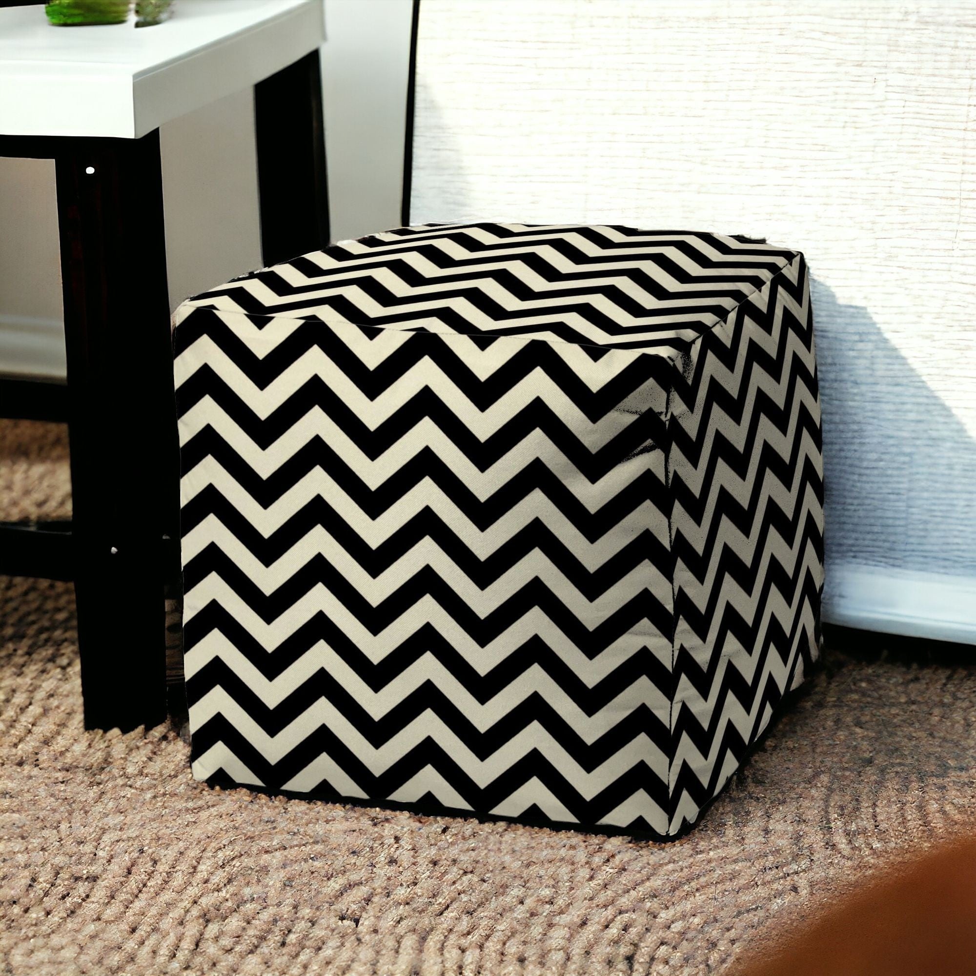 17" Black And White Polyester Cube Chevron Indoor Outdoor Pouf Ottoman