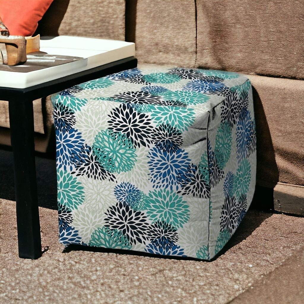 17" Blue Cube Floral Indoor Outdoor Pouf Cover