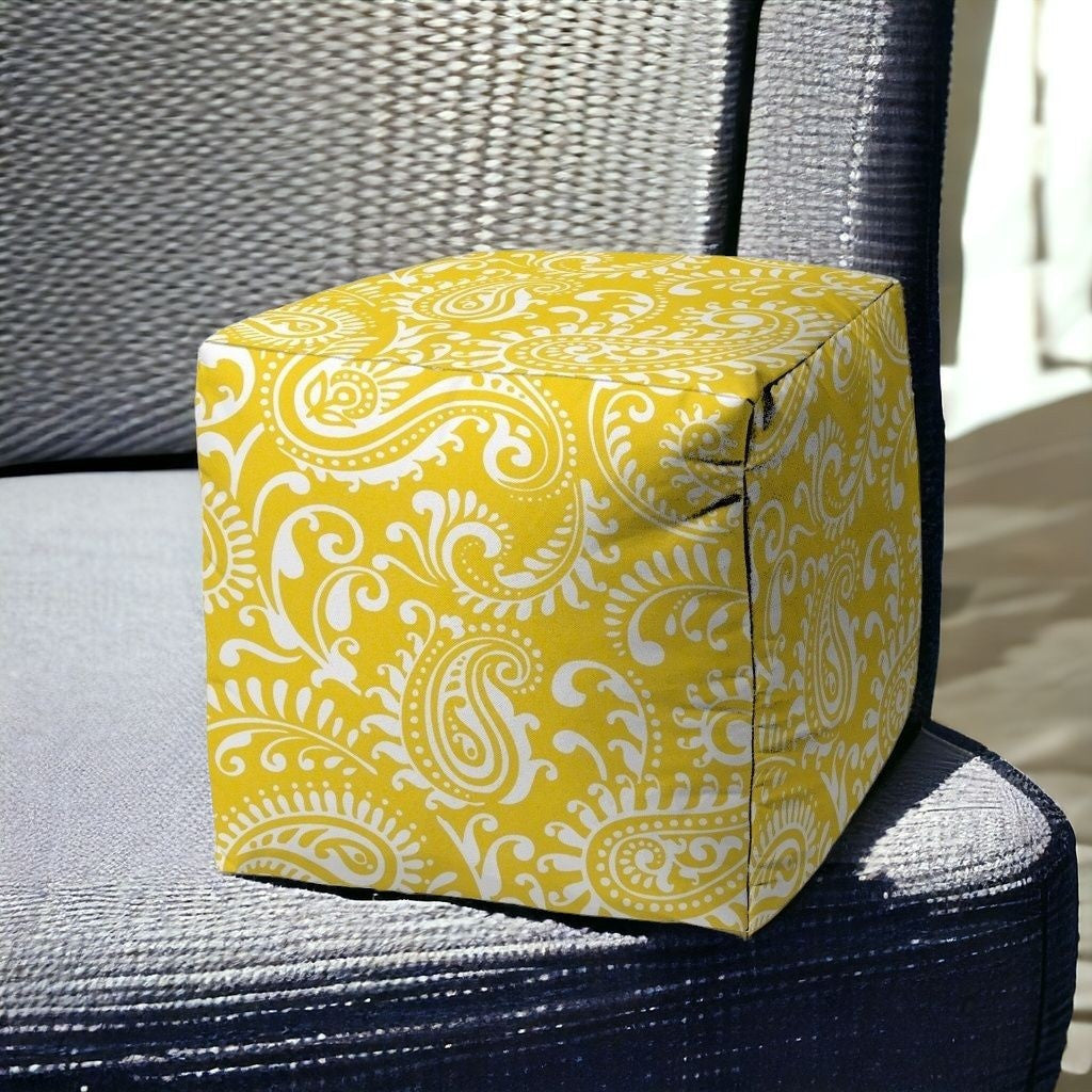 17" Yellow Cube Paisley Indoor Outdoor Pouf Cover