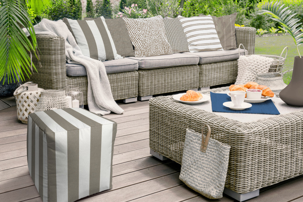 17" Taupe Cube Striped Indoor Outdoor Pouf Cover