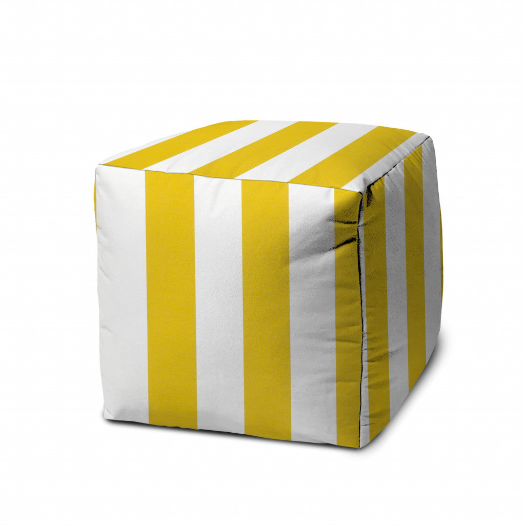 17" Yellow And White Cube Striped Indoor Outdoor Pouf Cover