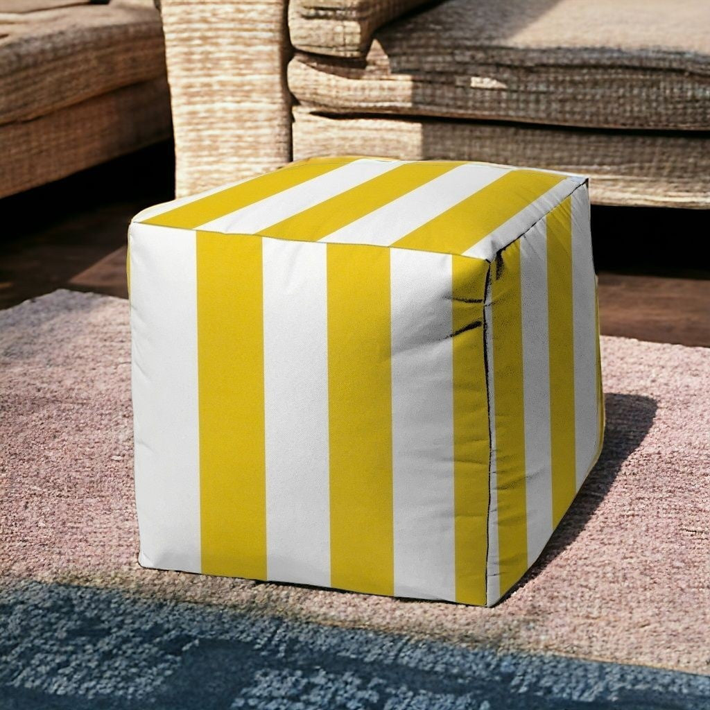 17" Yellow And White Cube Striped Indoor Outdoor Pouf Cover