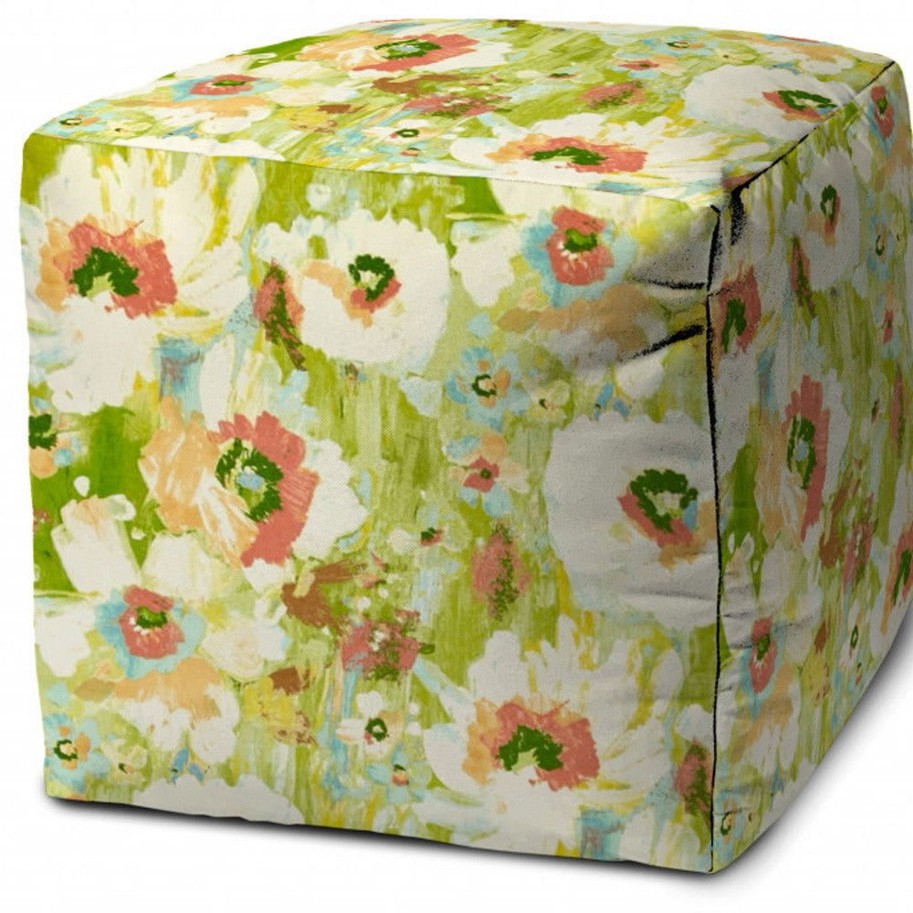 17" Green Cube Floral Indoor Outdoor Pouf Cover