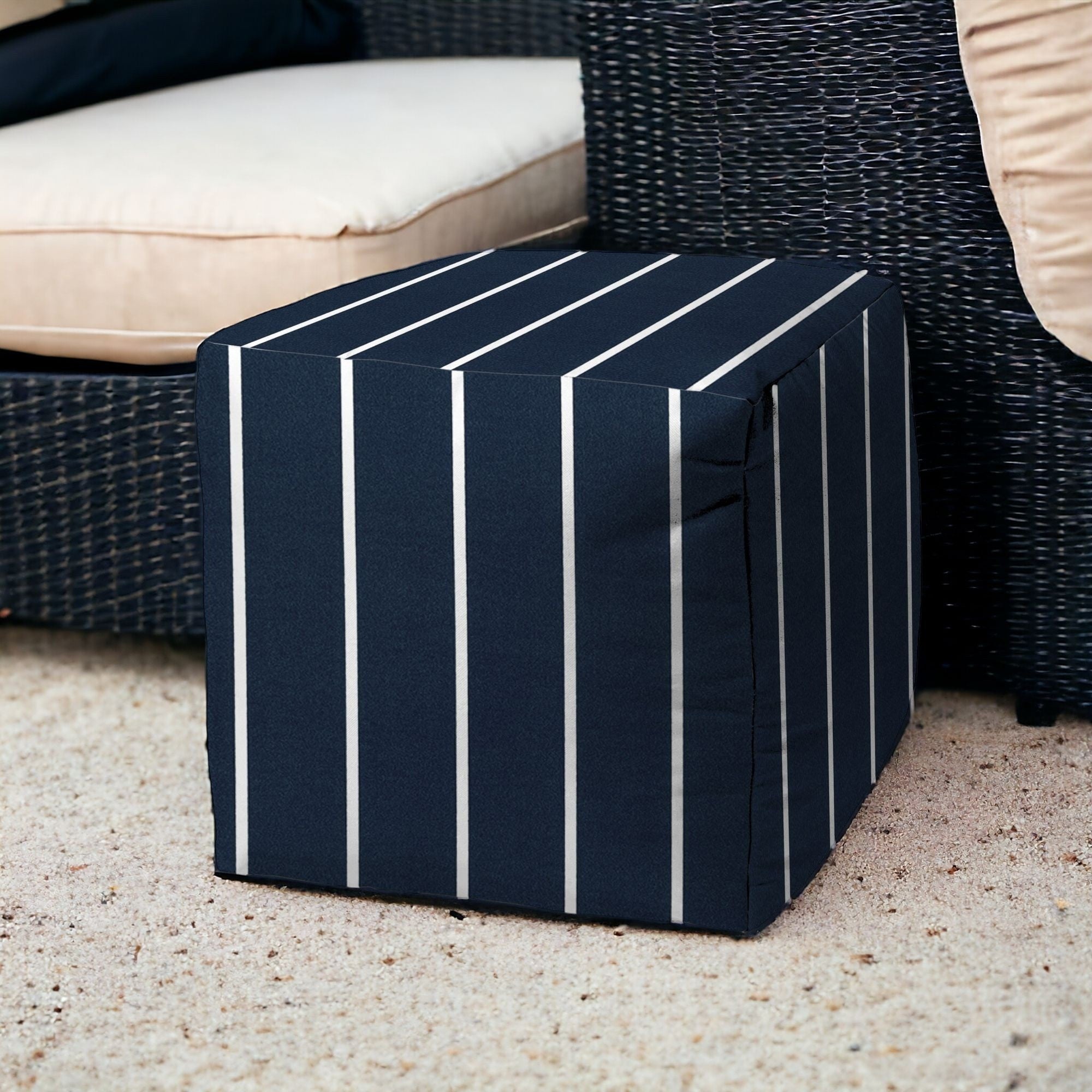 17" Blue Cube Striped Indoor Outdoor Pouf Cover