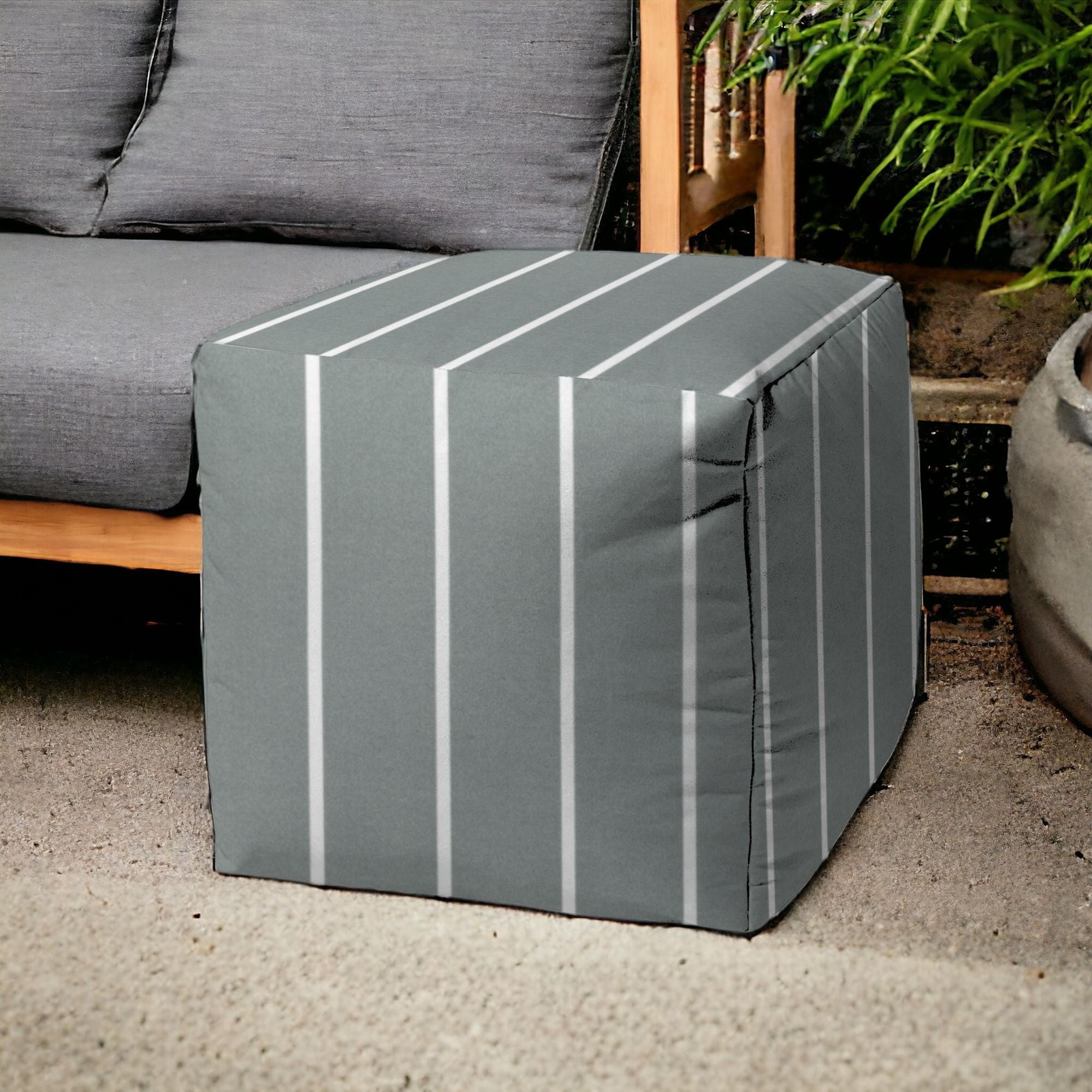 17" Gray Cube Striped Indoor Outdoor Pouf Cover