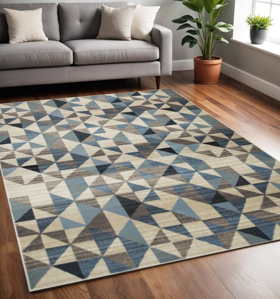 5' X 8' Beige Blue And Gray Geometric Area Rug