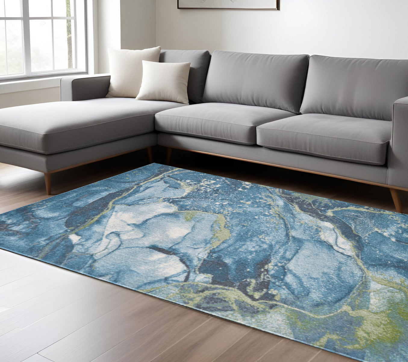 8' X 11' Teal Blue Green And Ivory Abstract Area Rug