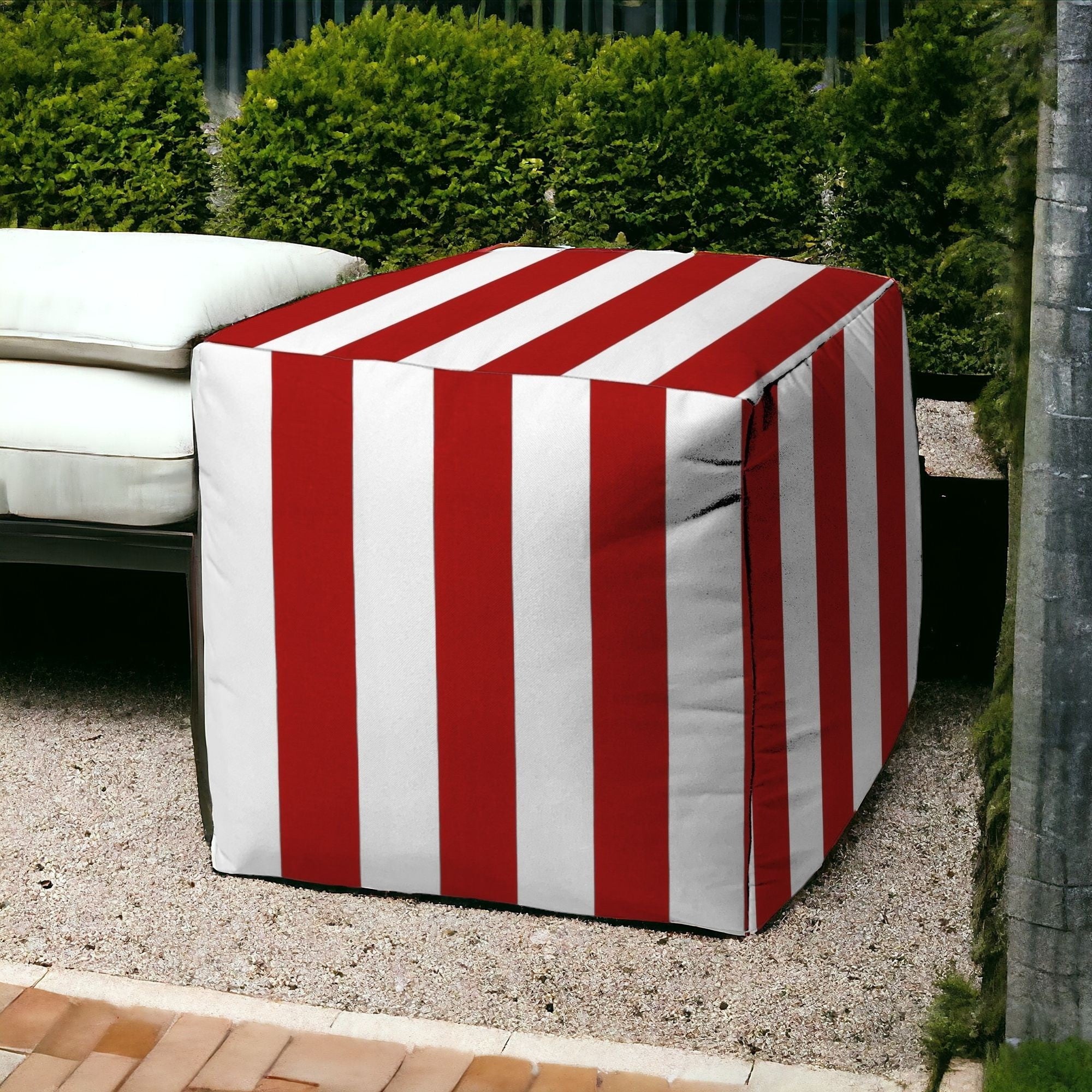 17" Taupe Cube Striped Indoor Outdoor Pouf Cover