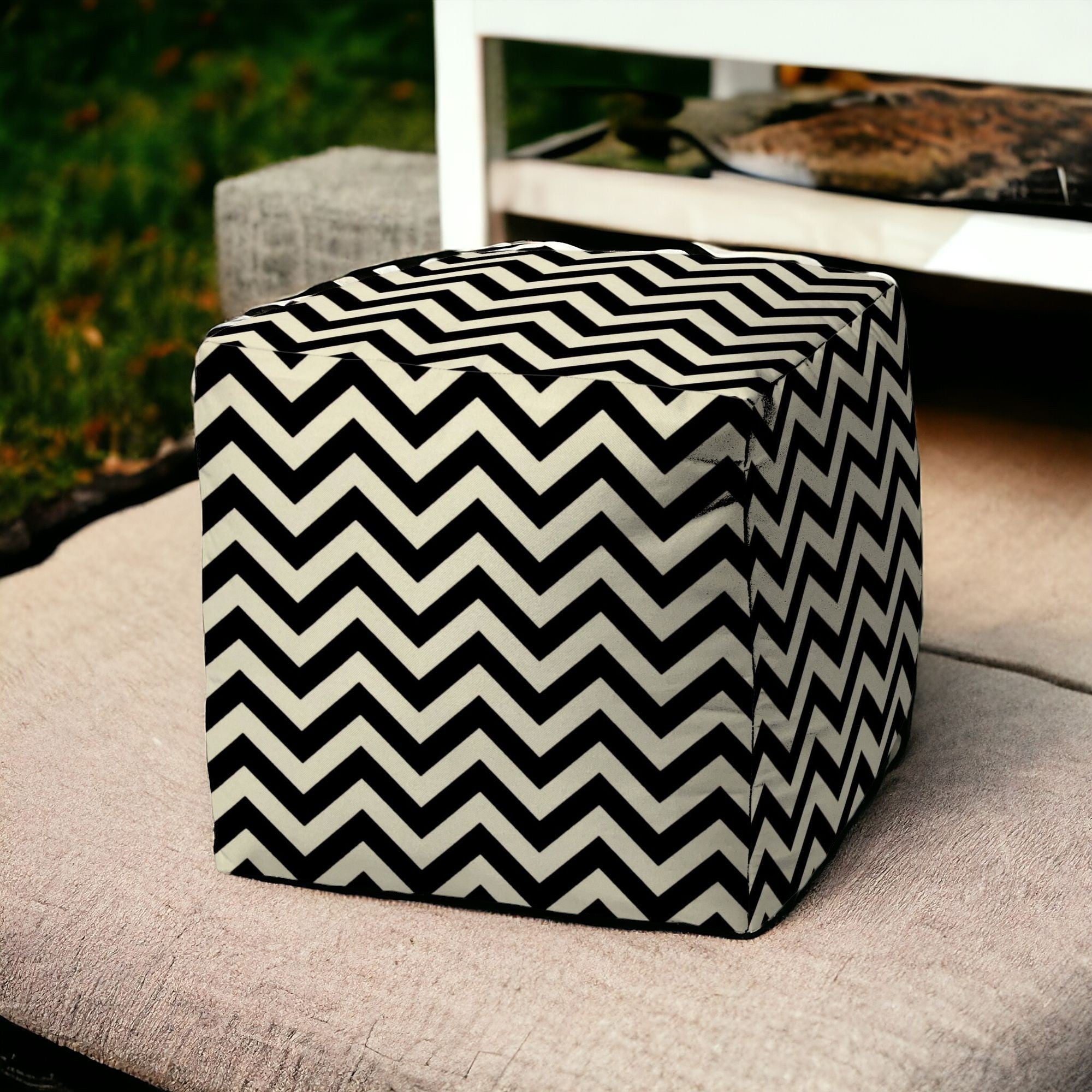 17" Black And White Cube Chevron Indoor Outdoor Pouf Cover