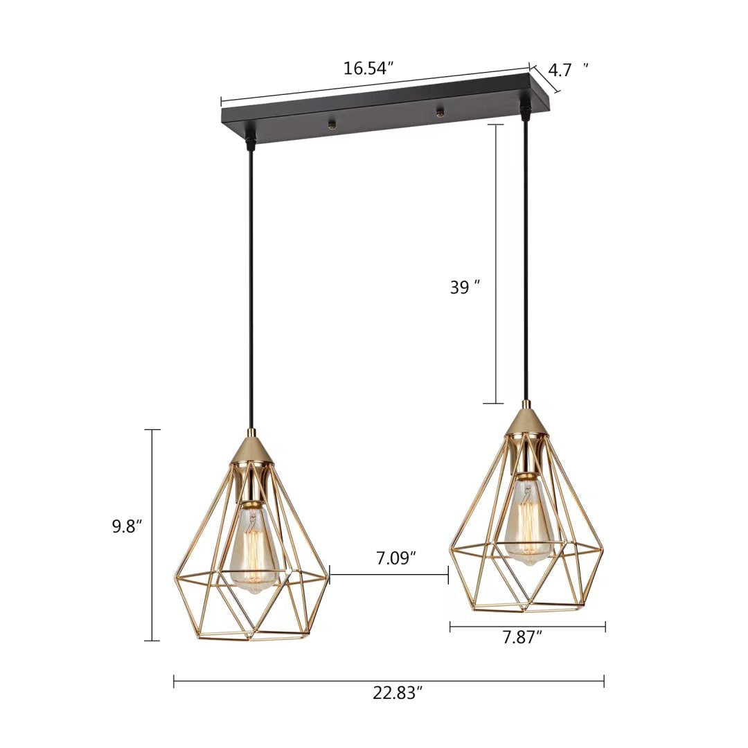 Kitchen Island Geometric Two Light Iron Flush Ceiling Light With Gold Shades