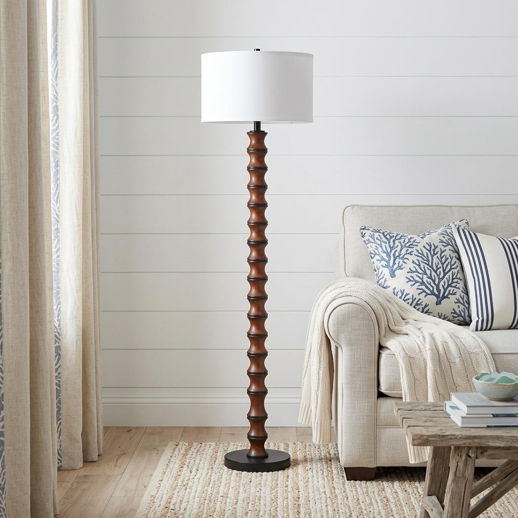 61" Brown And White Resin Floor Lamp With White Fabric Drum Shade