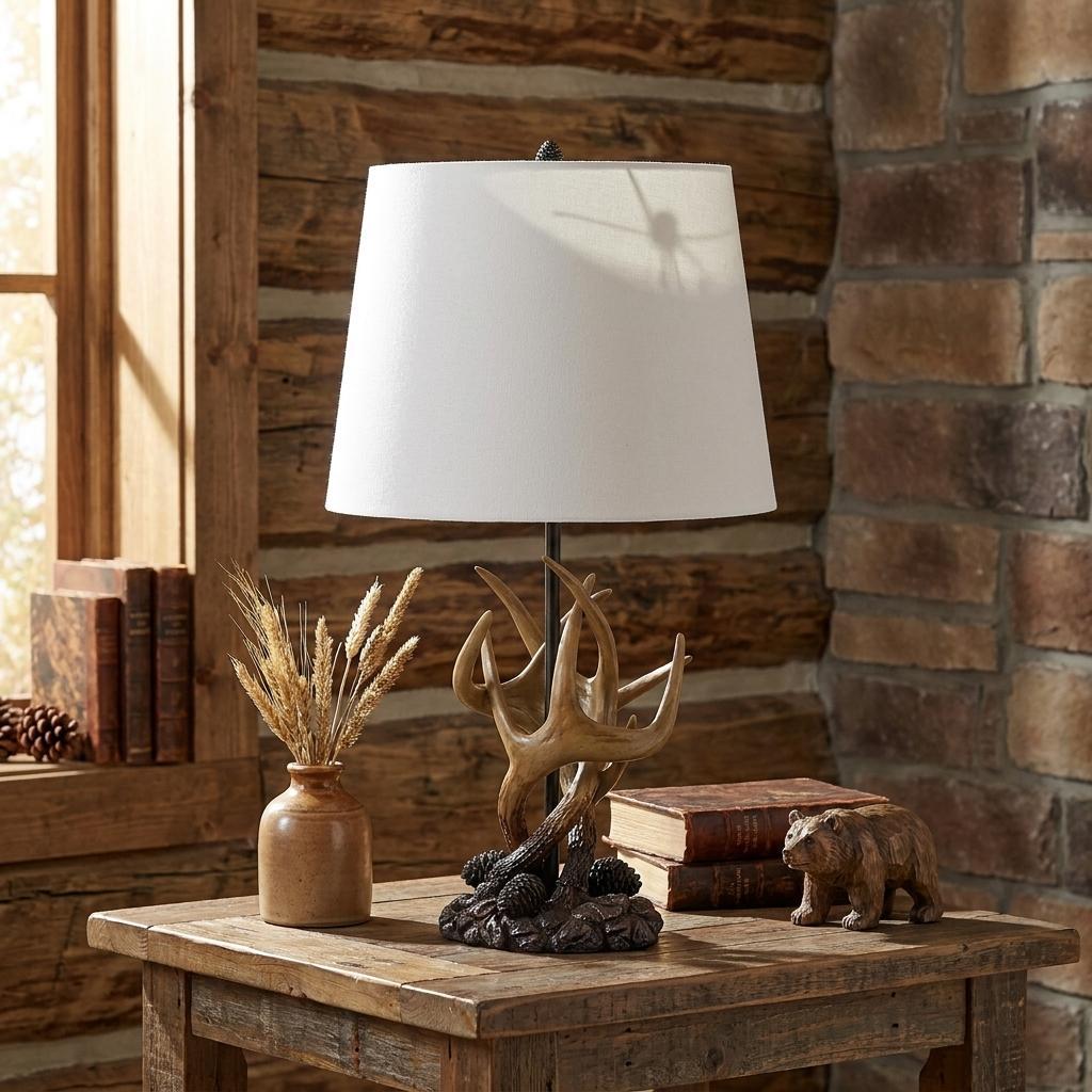 26" Natural And Brown Antlers Table Lamp With White Shade