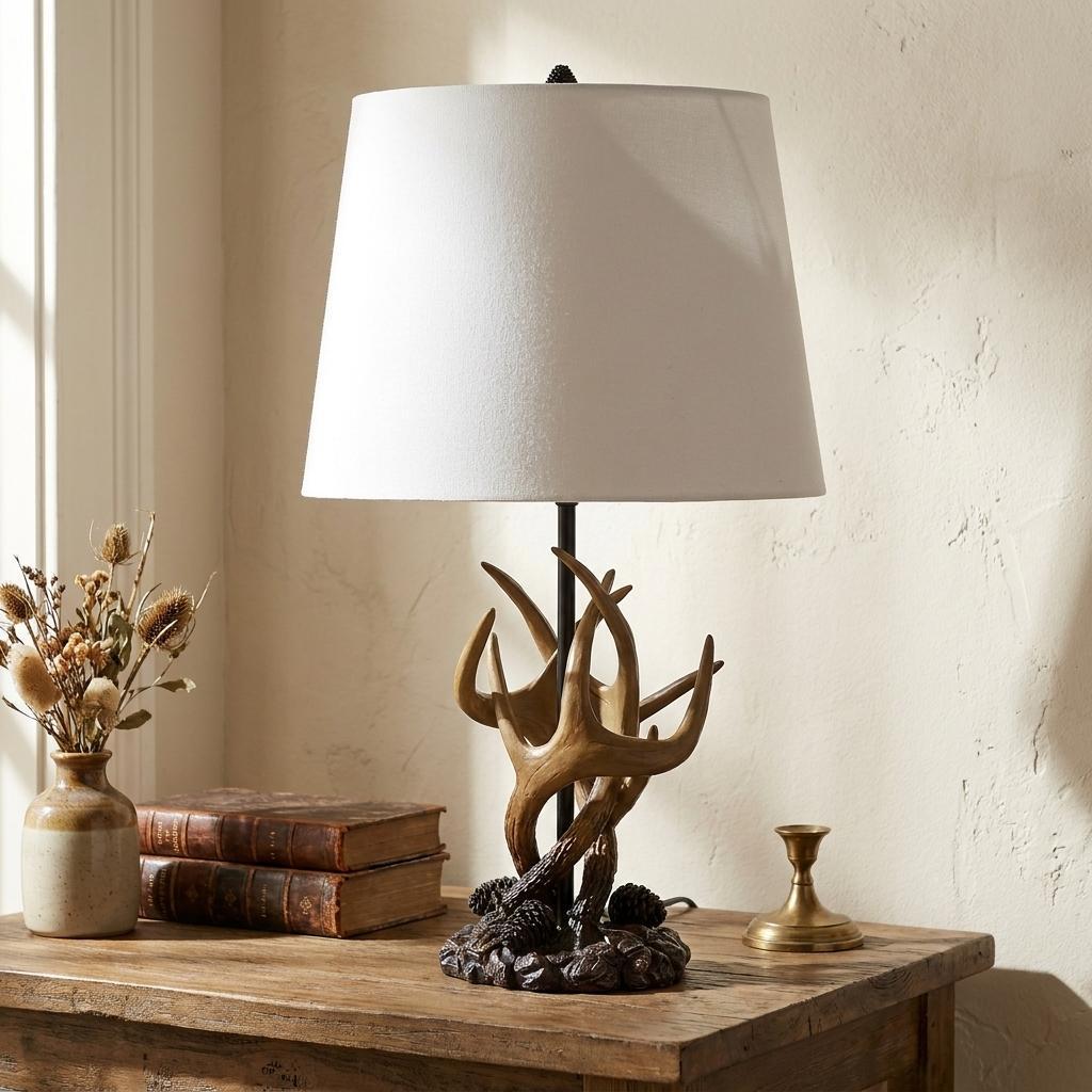 26" Natural And Brown Antlers Table Lamp With White Shade