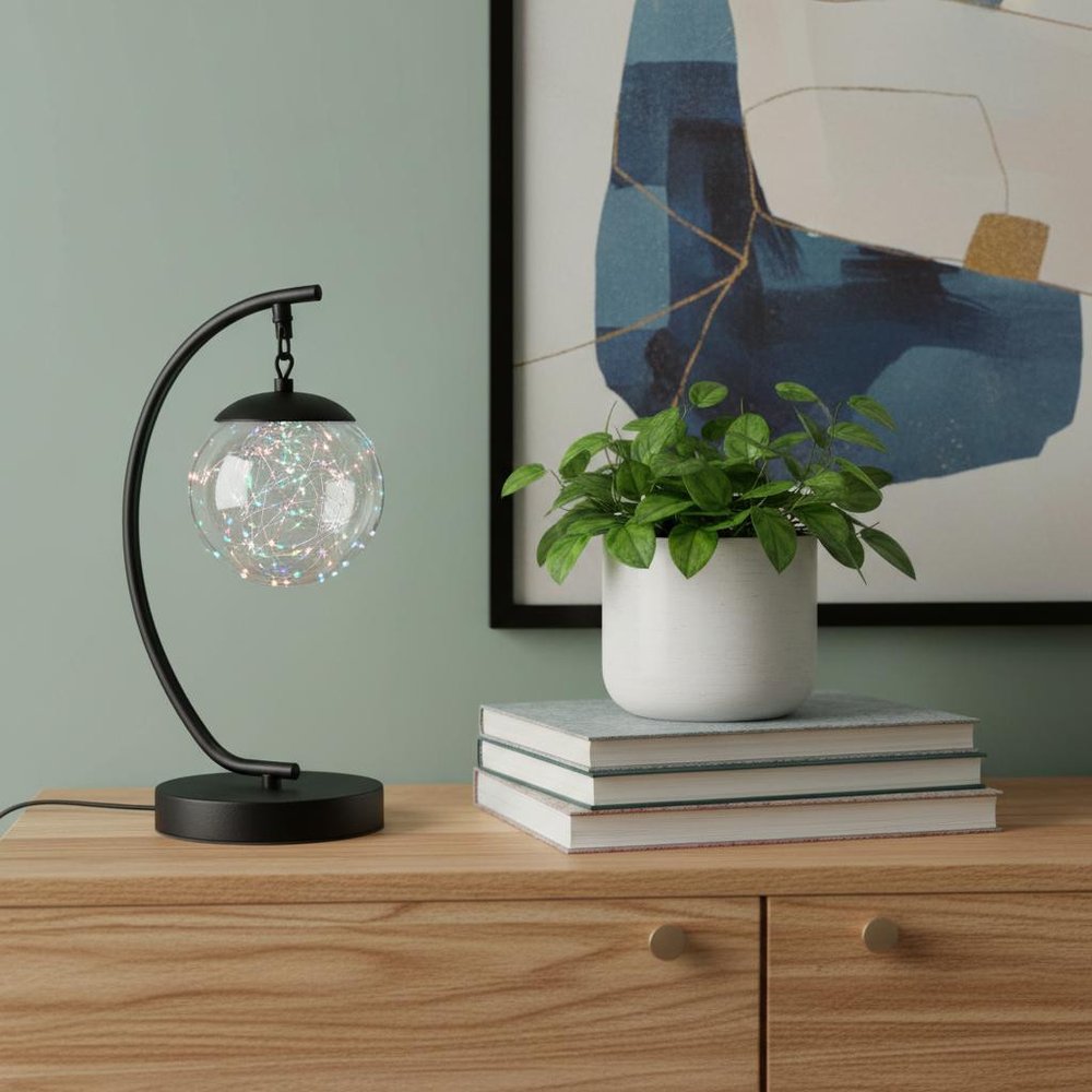 14" Matte Black Metal Arched Hanging Orb USB Table Lamp
