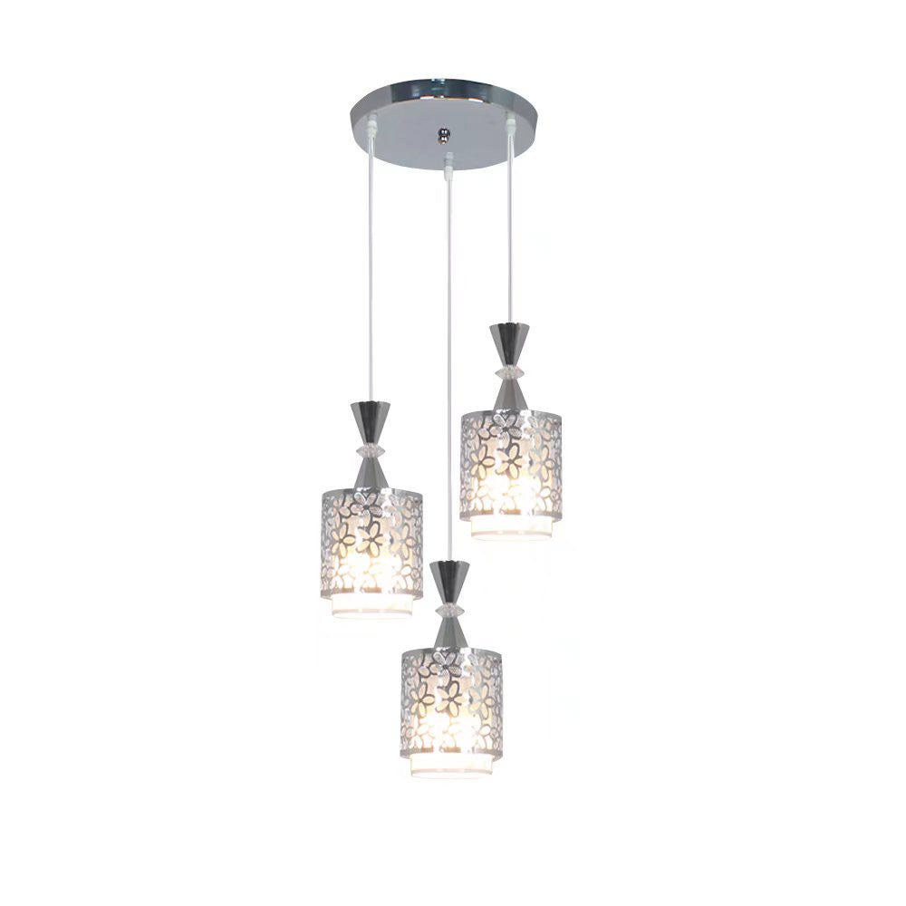 Silver Three Light Pendant Chandelier With Petal Detailing