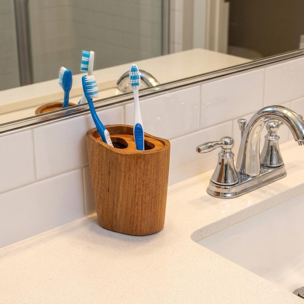 Natural Brown Solid Teak Oval Toothbrush Holder