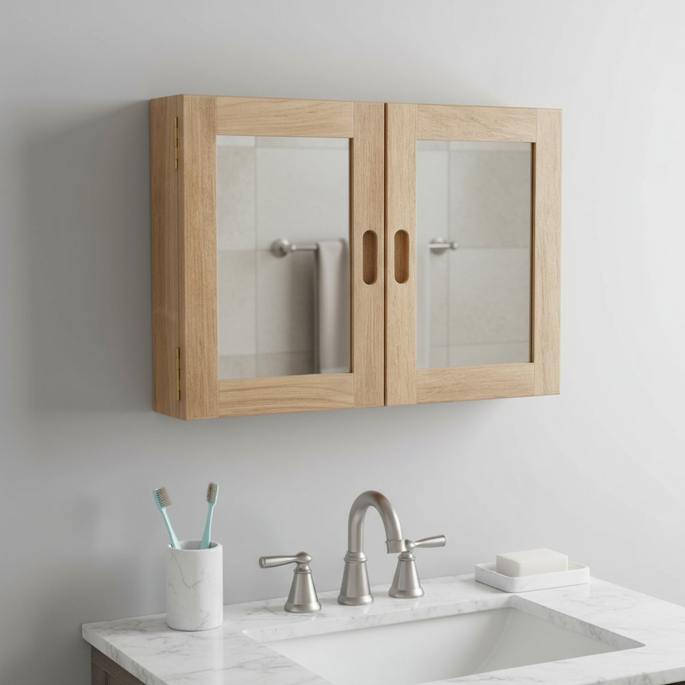 Traditional Solid Teak Double Door Mirrored Medicine Cabinet