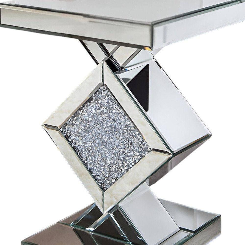 24" Silver Mirrored Glass And Faux Crystals End Table