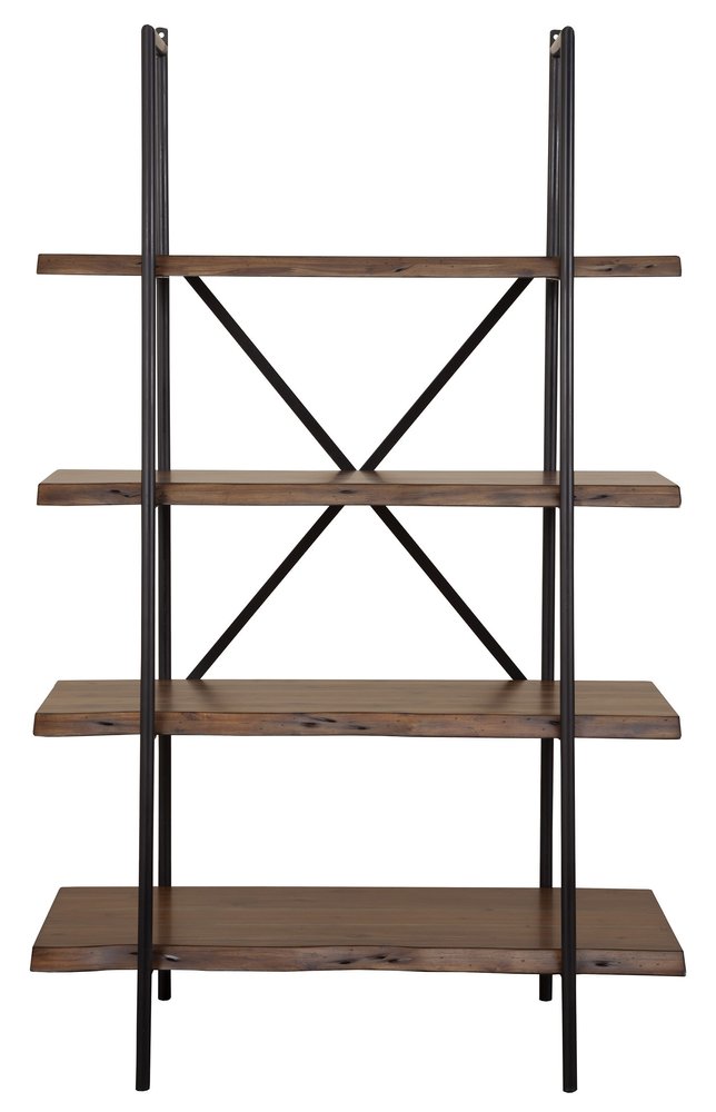 79" Black And Brown Metal and Solid Wood Four Tier Step Bookcase