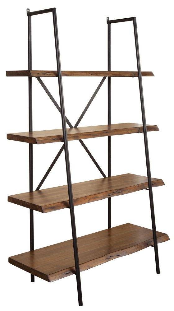 79" Black And Brown Metal and Solid Wood Four Tier Step Bookcase