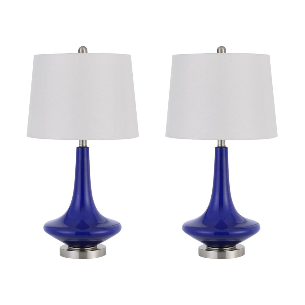Set Of Two 26" Silver Metal Two Light Bedside Table Lamps With White Globe Shade