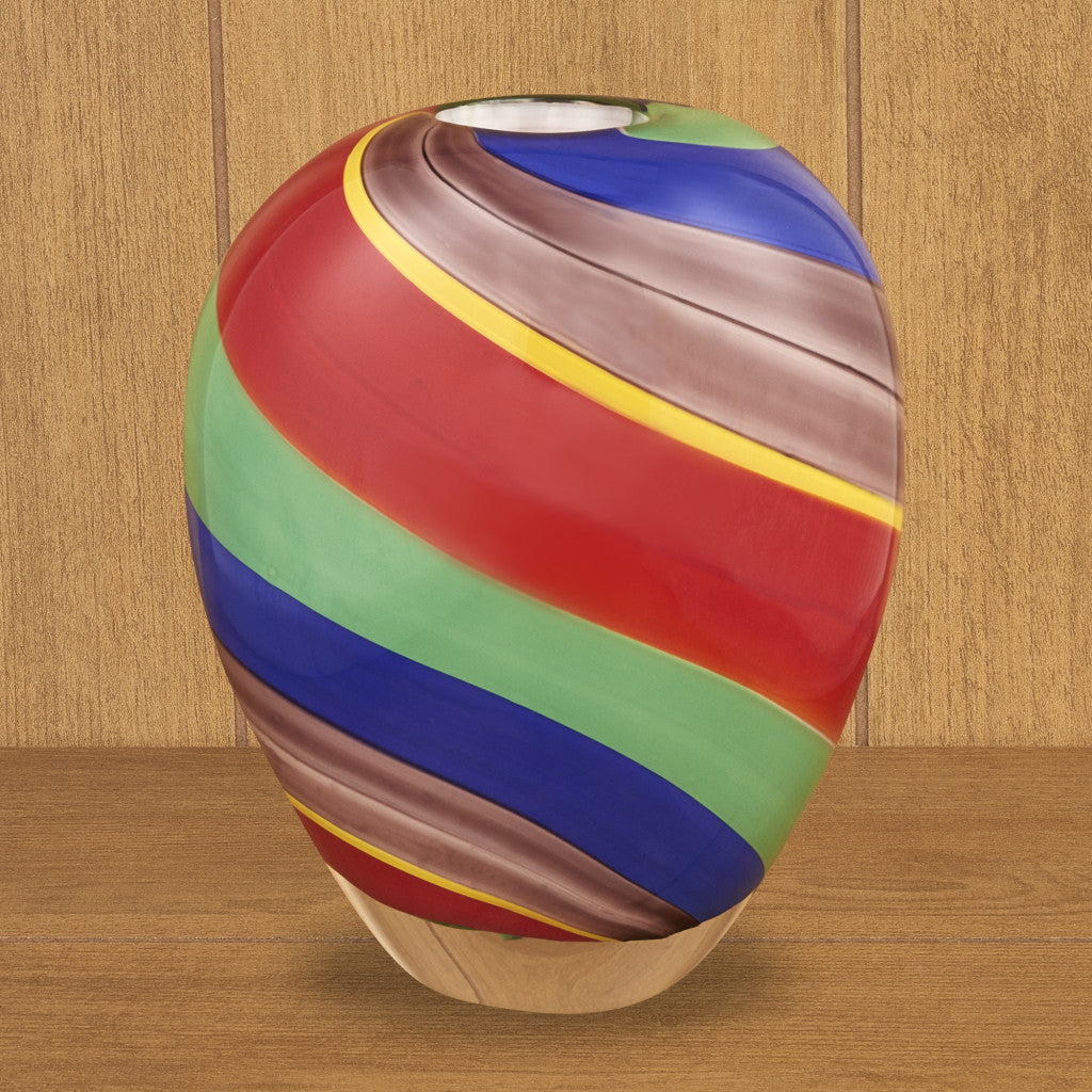 9" Red and Green Murano Glass Striped Round Table Vase