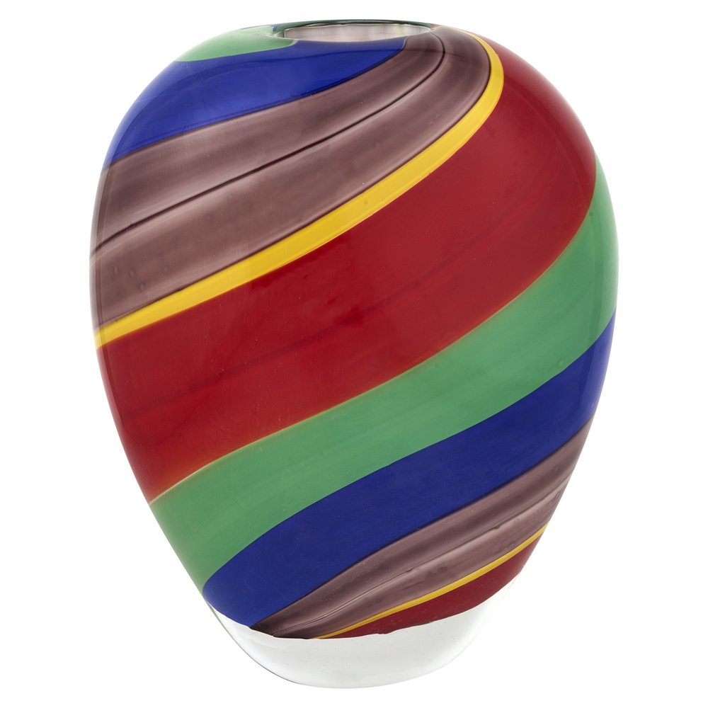 9" Red Blue and Green Striped Murano Style Art Glass Table Vase
