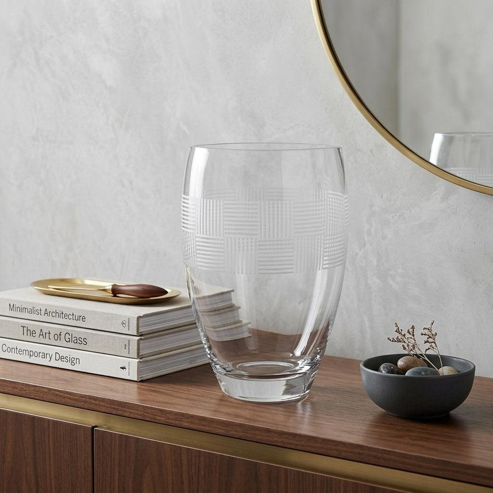 12" Clear With Geometric Pattern Oval Crystal Table Vase