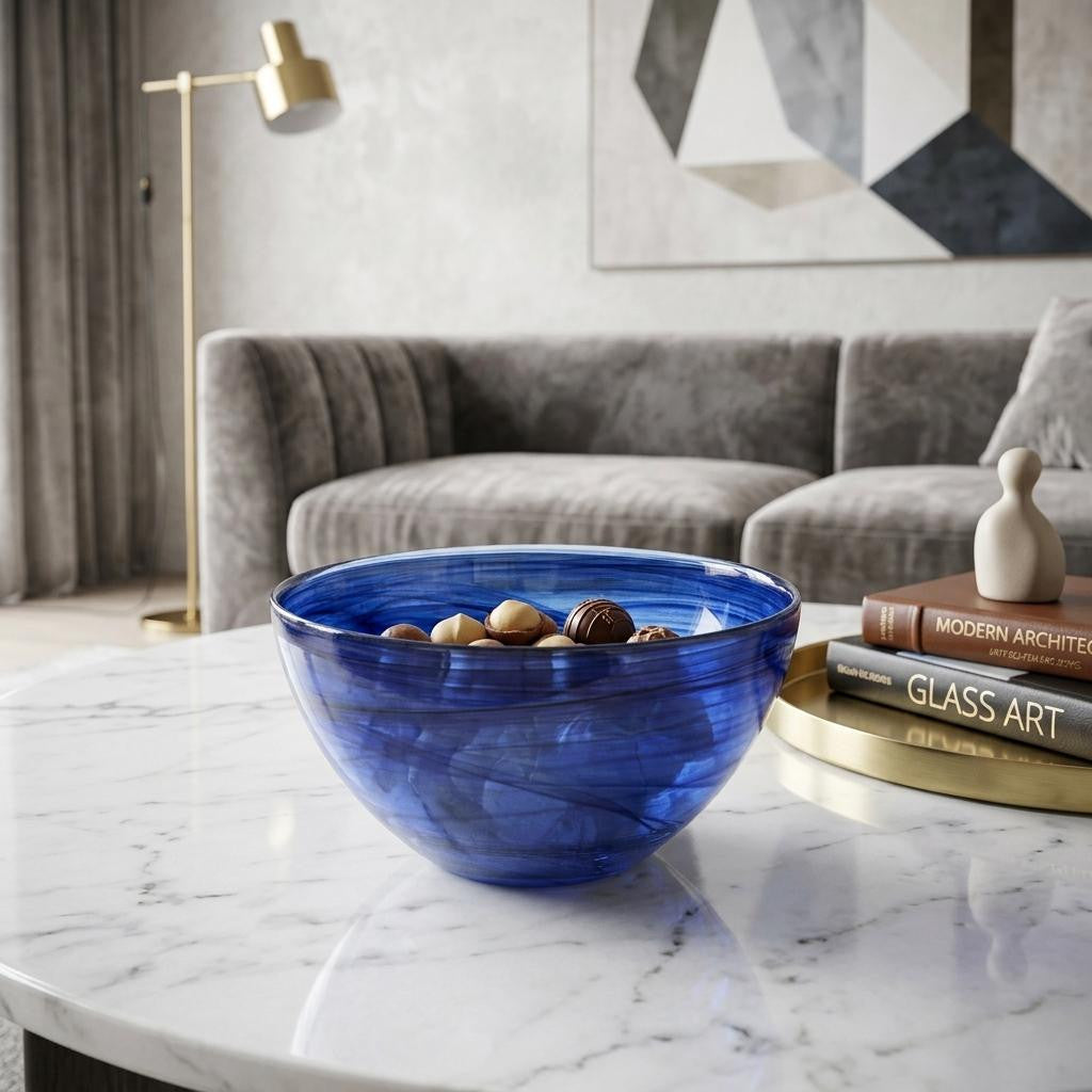 6" Cobalt And White Alabaster Glass Round Candy or Nut Bowl
