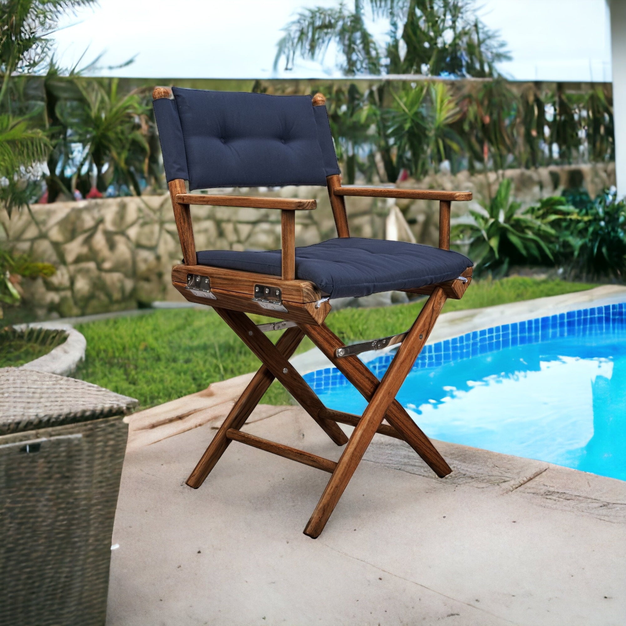 23" Navy Blue and Brown Solid Wood Indoor Outdoor Director Chair with Navy Blue Cushion