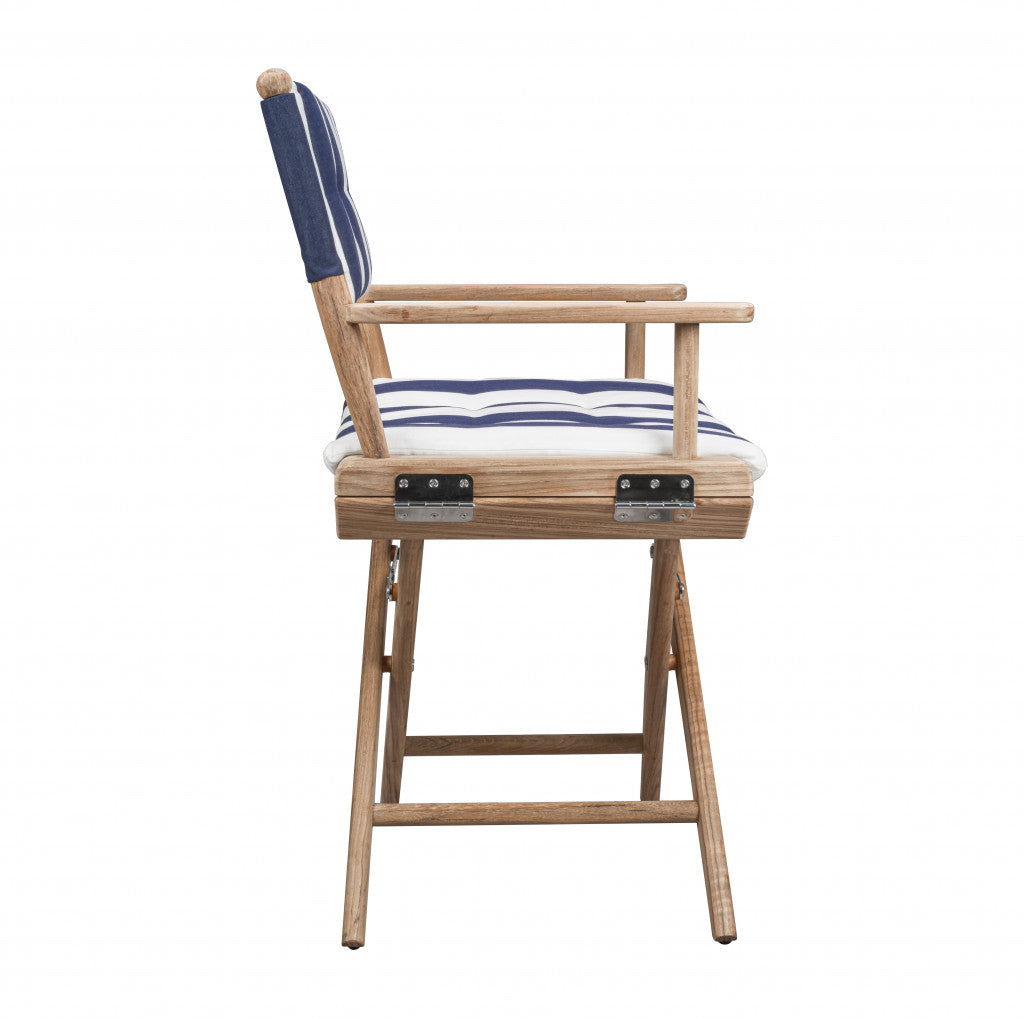 23" Blue and White and Natural Wood Solid Wood Indoor Outdoor Director Chair with Blue and White Cushion