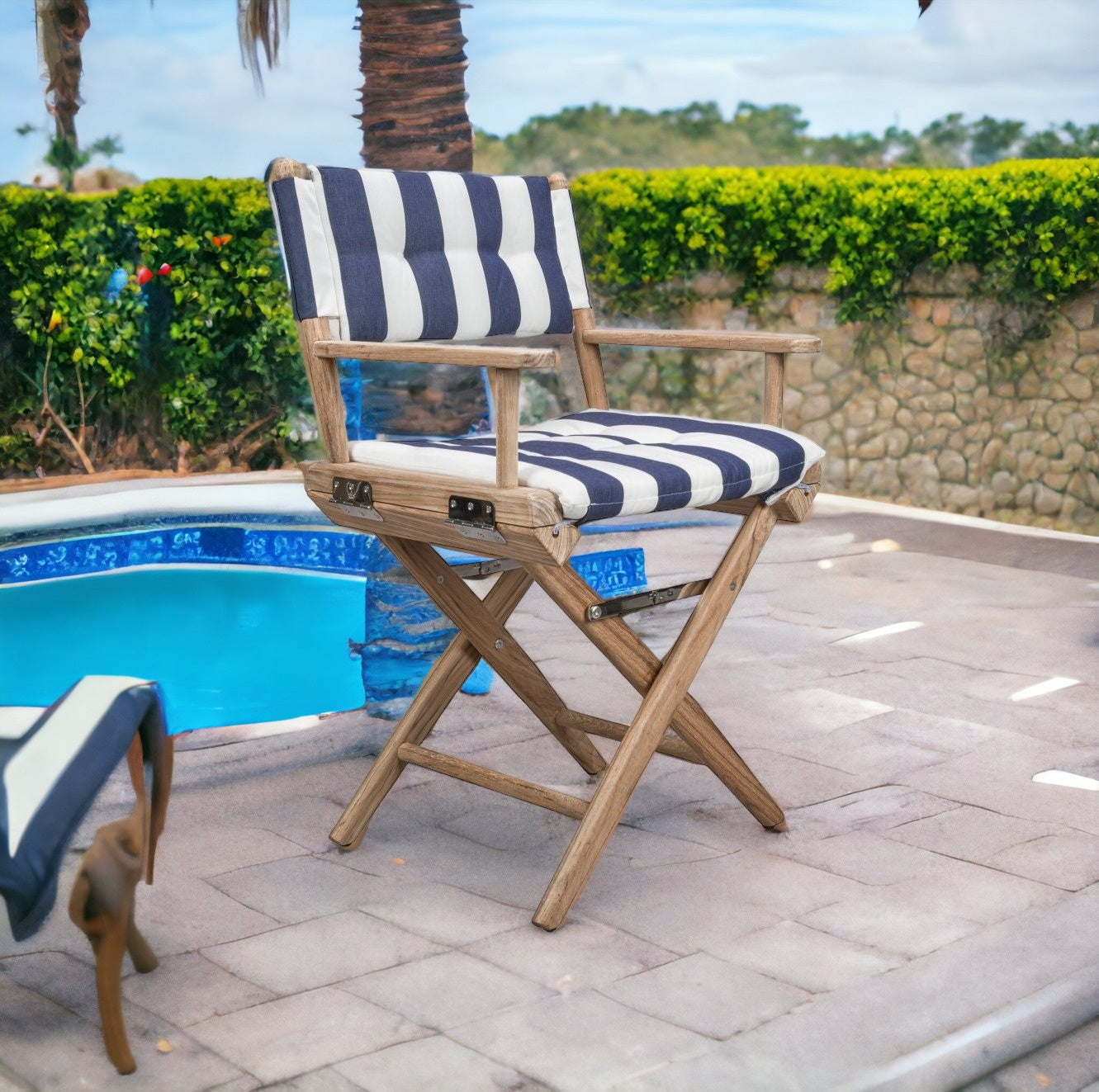 23" Blue and White and Natural Wood Solid Wood Indoor Outdoor Director Chair with Blue and White Cushion