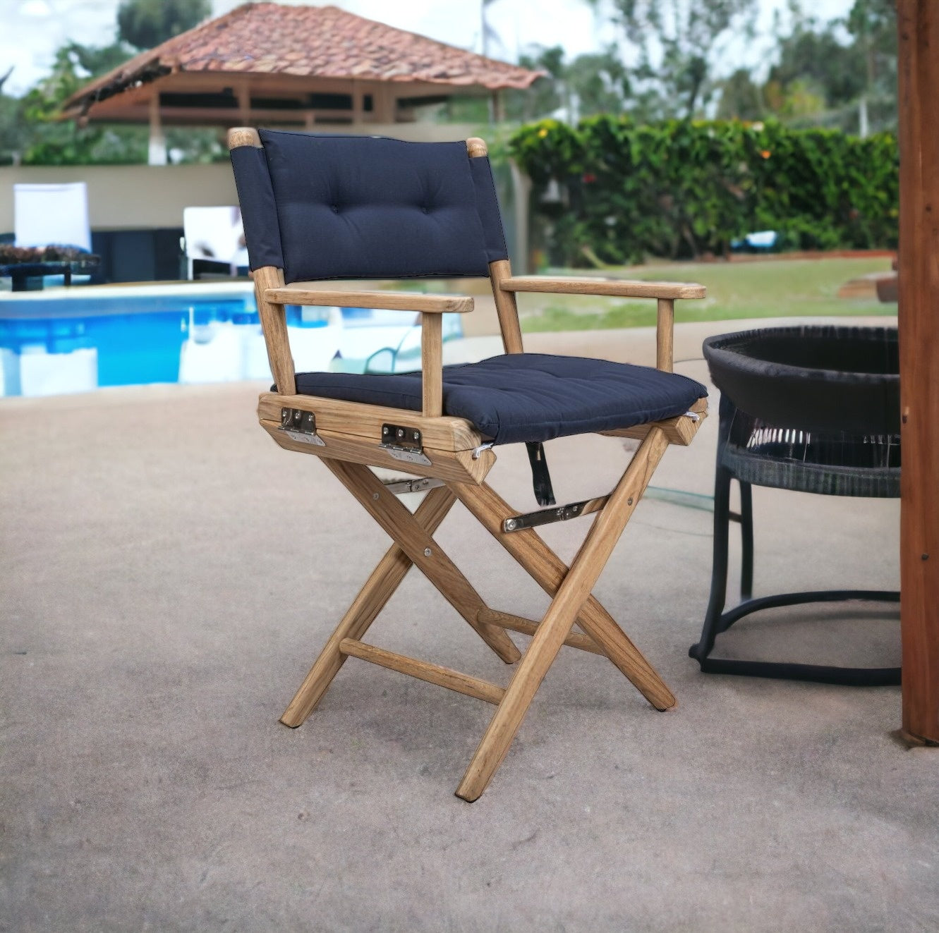 Navy Blue And Brown Solid Wood Director Chair With Navy Blue Cushion