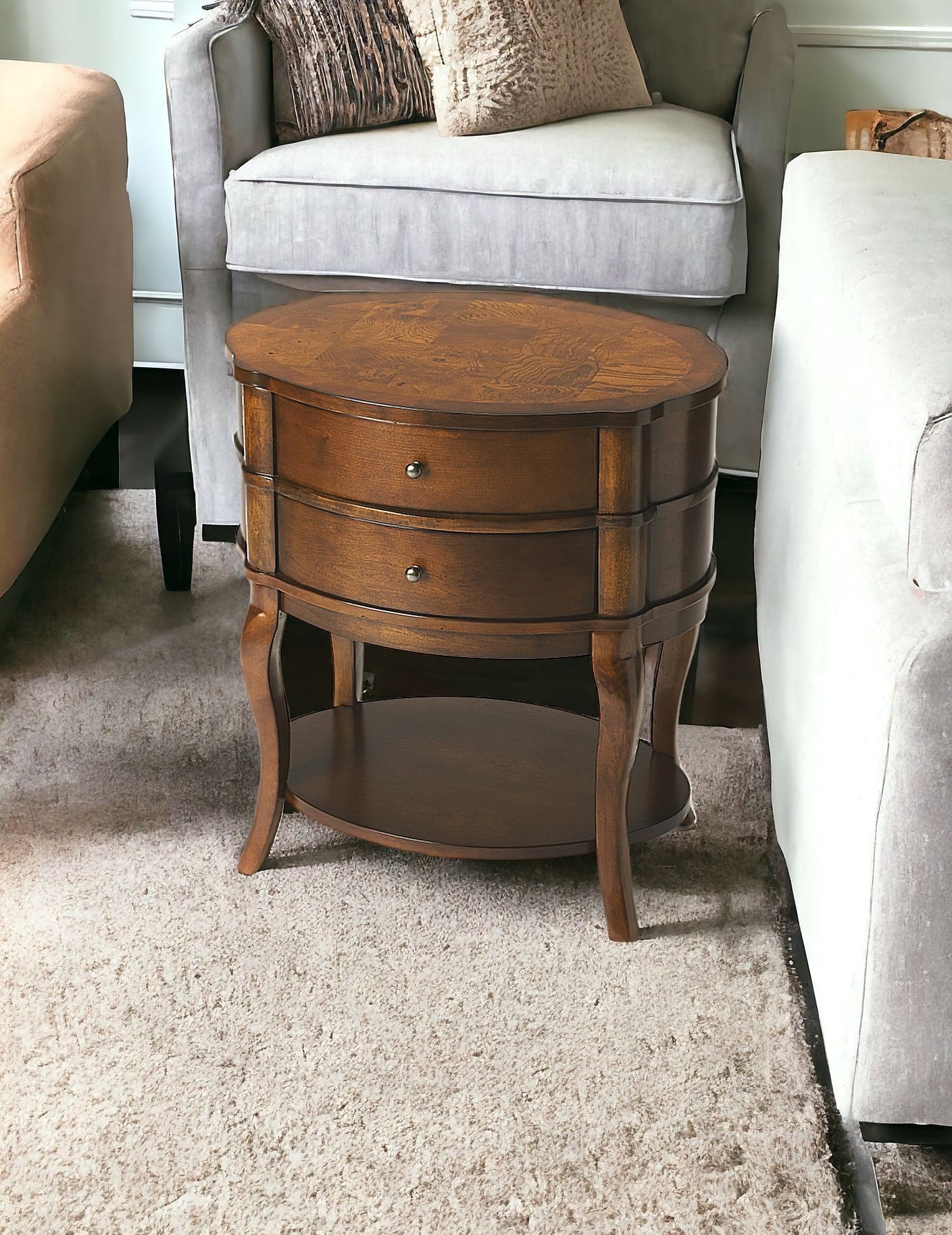 26" Medium Brown And Umber Solid And Manufactured Wood Oval End Table With Two Drawers And Shelf