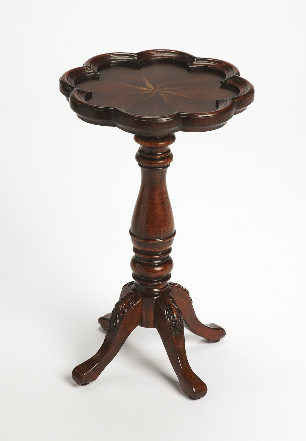 20" Dark Brown And Cherry Wood Floral Top End Table