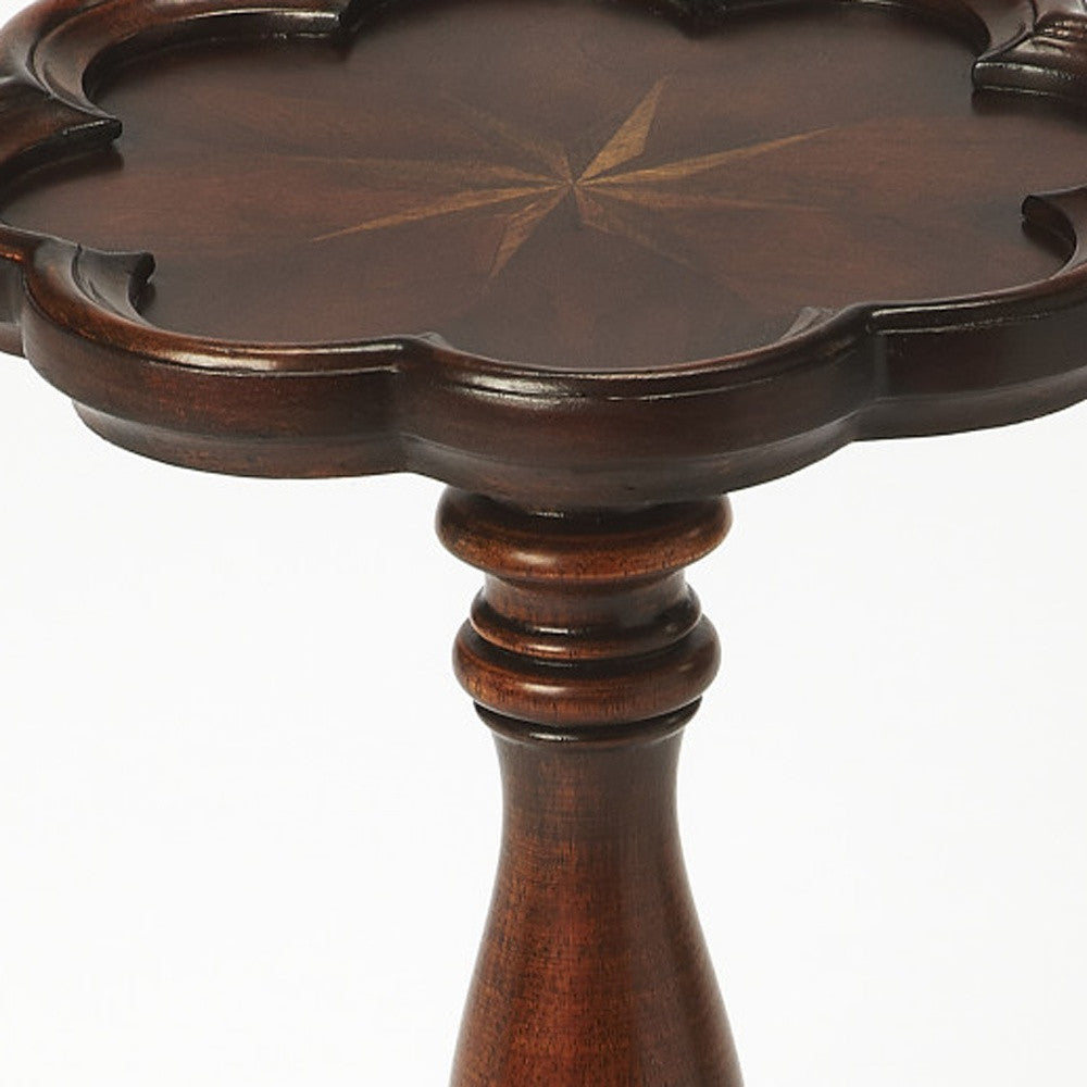 20" Dark Brown And Cherry Wood Floral Top End Table