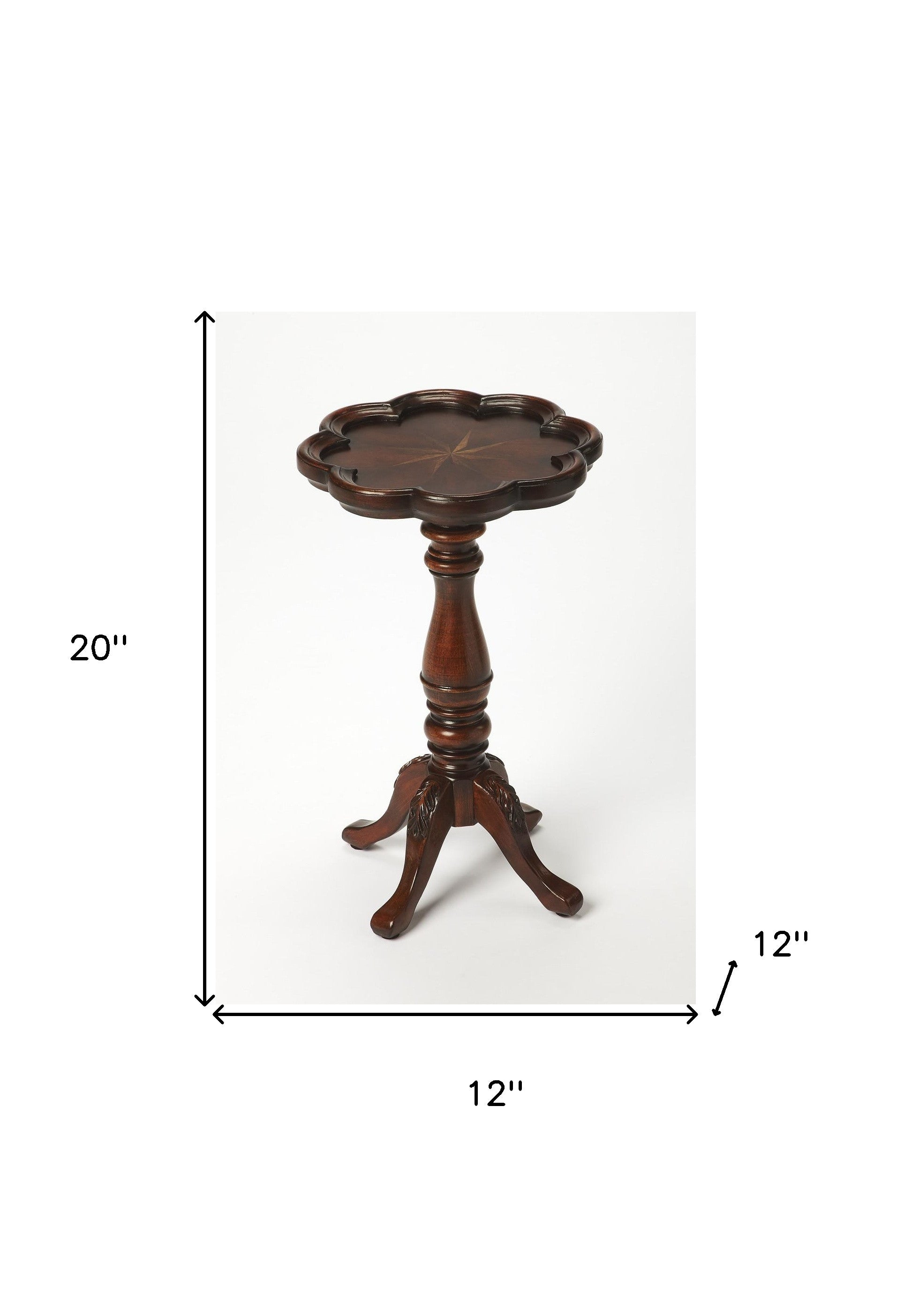 20" Dark Brown And Cherry Wood Floral Top End Table