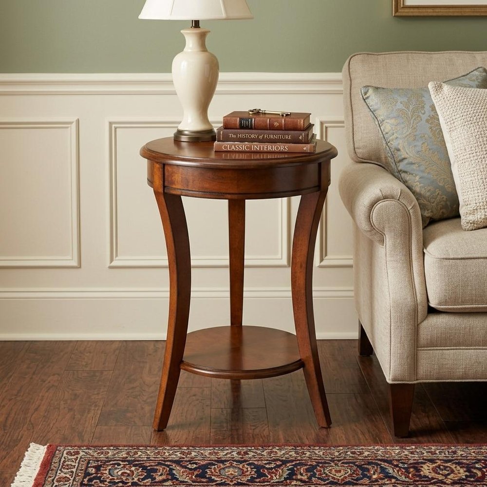26" Brown Wood And Wood Round End Table With Shelf