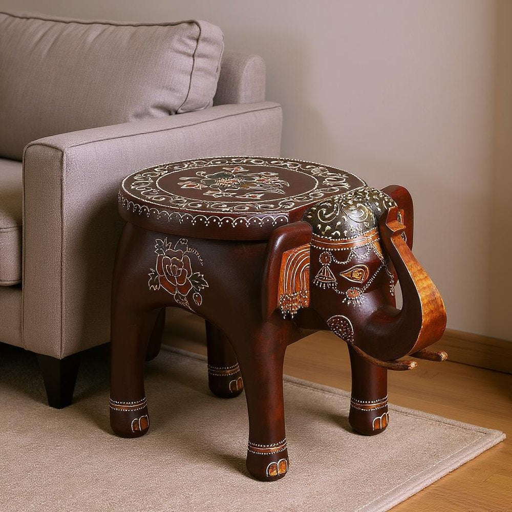 15" Brown Hand Painted Floral Three Dimensional Elephant End Table