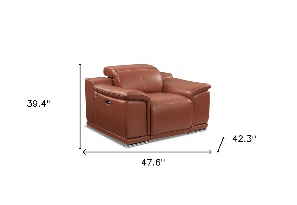 48" Camel And Silver Italian Leather Arm Chair