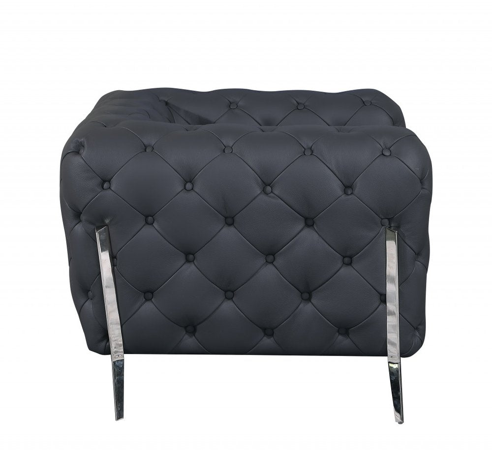 45" Black And Silver Italian Leather Tufted Chesterfield Chair