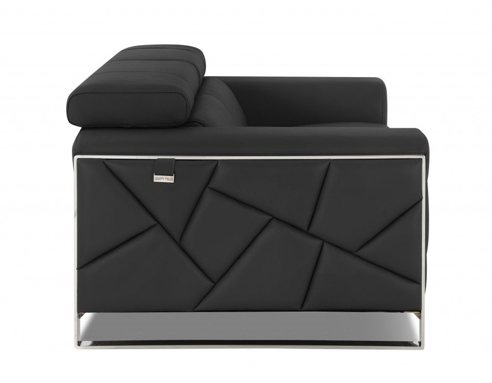 89" Black Italian Leather Sofa With Silver Legs